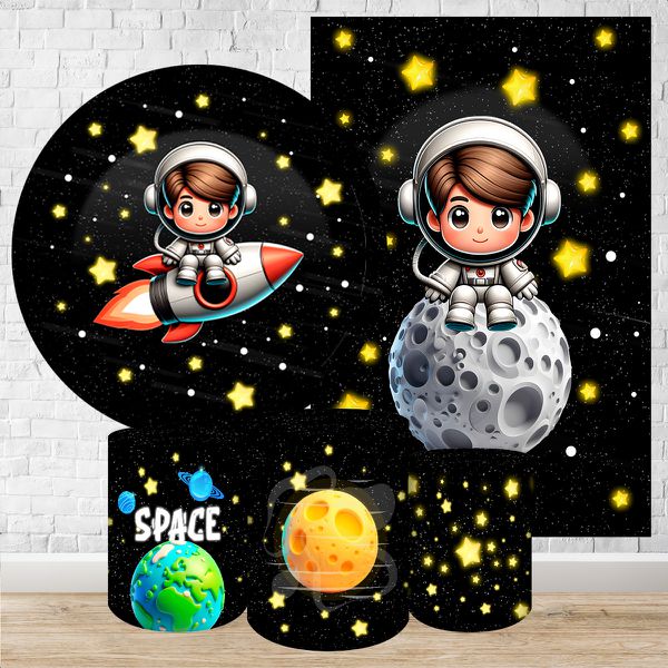 Kit 5 Peças Capa Redonda + Capa Retangular + Trio Capas Cilindros Sublimados Tema Astronauta Baby Menino Fundo preto 2228
