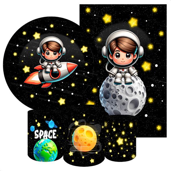 Kit 5 Peças Capa Redonda + Capa Retangular + Trio Capas Cilindros Sublimados Tema Astronauta Baby Menino Fundo preto 2228