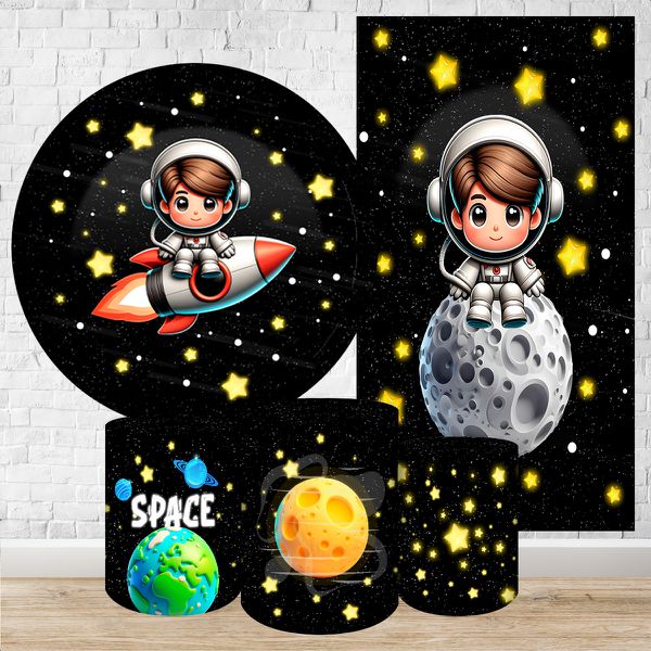 Kit 5 Peças Capa Redonda + Capa Retangular + Trio Capas Cilindros Sublimados Tema Astronauta Baby Menino Fundo preto 2228