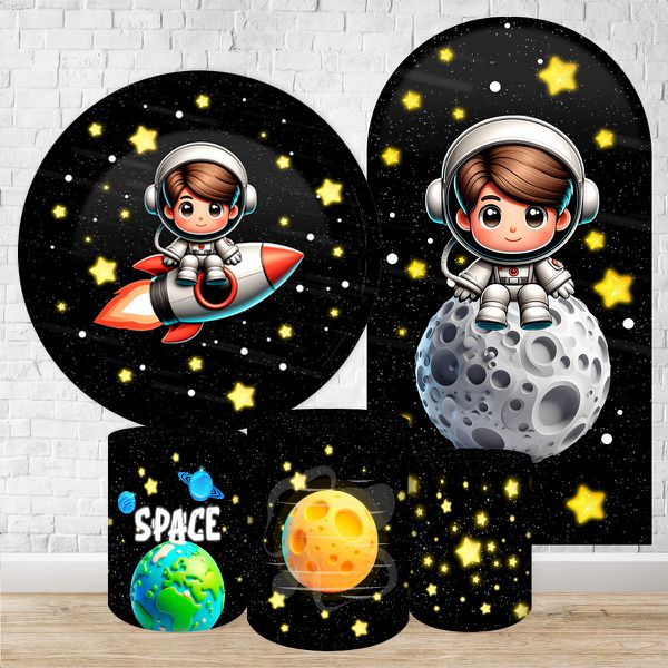 Kit 5 peças Capa Romano Veste Fácil+ Capa Redonda+ Trio Capas Cilindro Sublimados Tema Astronauta Baby Menino Fundo preto 2228