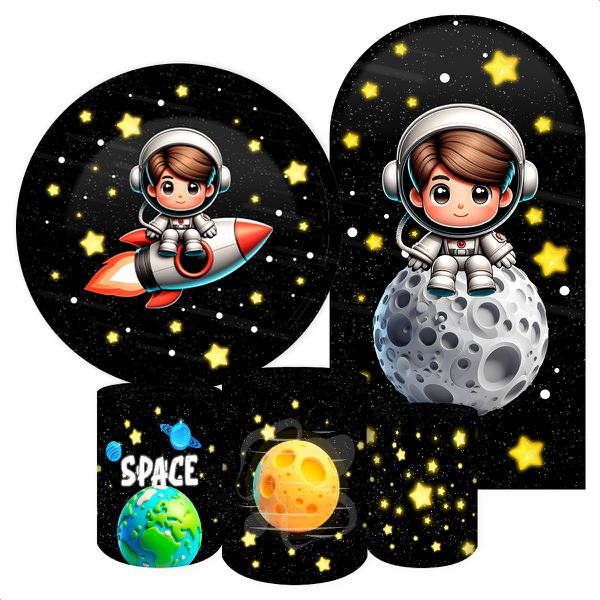 Kit 5 peças Capa Romano Veste Fácil+ Capa Redonda+ Trio Capas Cilindro Sublimados Tema Astronauta Baby Menino Fundo preto 2228