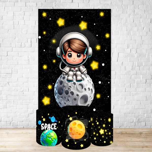Capa Retangular + Trio Capas Cilindros Sublimados Tema Astronauta Baby Menino Fundo preto 2228