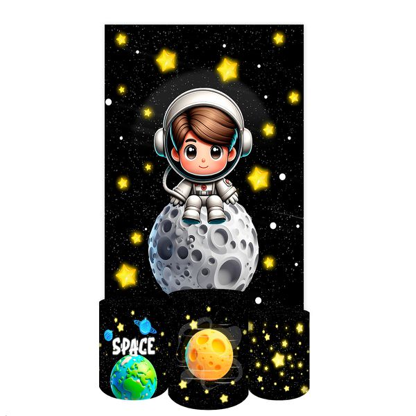 Capa Retangular + Trio Capas Cilindros Sublimados Tema Astronauta Baby Menino Fundo preto 2228