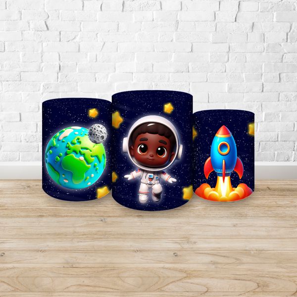 Trio Capas Cilindros Sublimados Tema Astronauta Baby Menino Azul Escuro 2229