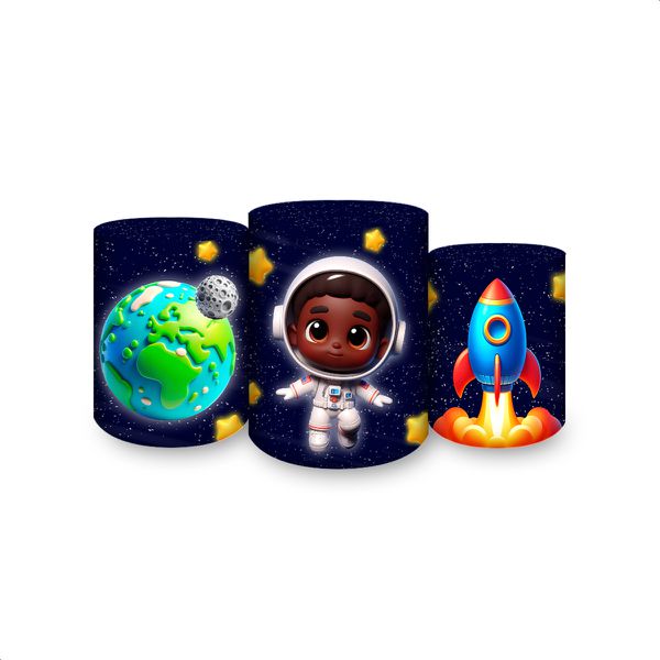 Trio Capas Cilindros Sublimados Tema Astronauta Baby Menino Azul Escuro 2229