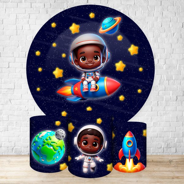 Capa Painel + Trio Capas Cilindros Sublimados Tema Astronauta Baby Menino Azul Escuro 2229