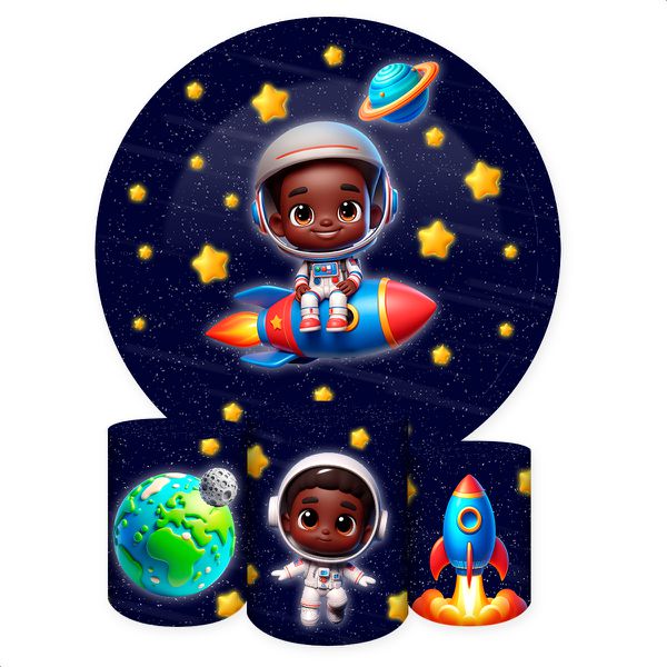 Capa Painel + Trio Capas Cilindros Sublimados Tema Astronauta Baby Menino Azul Escuro 2229