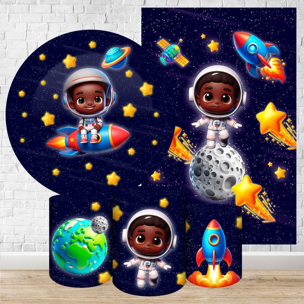 Kit 5 Peças Capa Redonda + Capa Retangular + Trio Capas Cilindros Sublimados Tema Astronauta Baby Menino Azul Escuro 2229