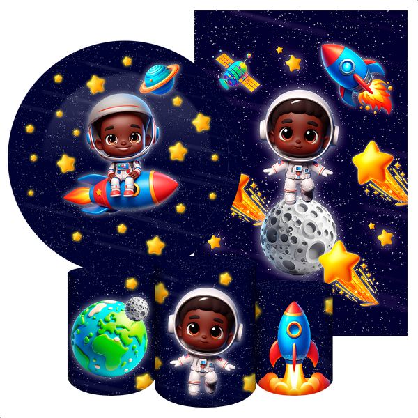 Kit 5 Peças Capa Redonda + Capa Retangular + Trio Capas Cilindros Sublimados Tema Astronauta Baby Menino Azul Escuro 2229