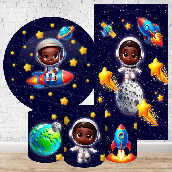 Kit 5 Peças Capa Redonda + Capa Retangular + Trio Capas Cilindros Sublimados Tema Astronauta Baby Menino Azul Escuro 2229