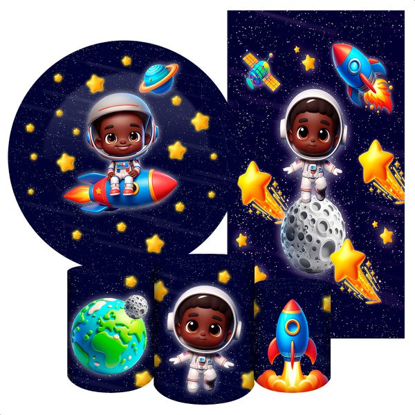 Kit 5 Peças Capa Redonda + Capa Retangular + Trio Capas Cilindros Sublimados Tema Astronauta Baby Menino Azul Escuro 2229