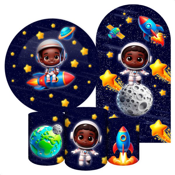 Kit 5 peças Capa Romano Veste Fácil+ Capa Redonda+ Trio Capas Cilindro Sublimados Tema Astronauta Baby Menino Fundo Azul Escuro 2229
