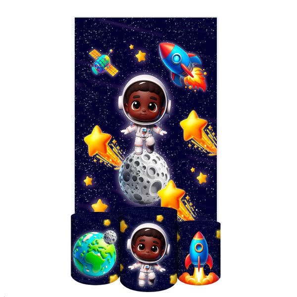 Capa Retangular + Trio Capas Cilindros Sublimados Tema Astronauta Baby Menino Azul Escuro 2229