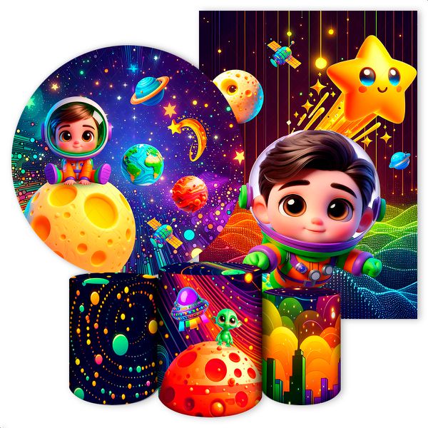 Kit 5 Peças Capa Redonda + Capa Retangular + Trio Capas Cilindros Sublimados Tema Astronauta Baby Menino Azul 2727