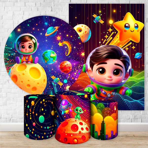 Kit 5 Peças Capa Redonda + Capa Retangular + Trio Capas Cilindros Sublimados Tema Astronauta Baby Menino Azul 2727
