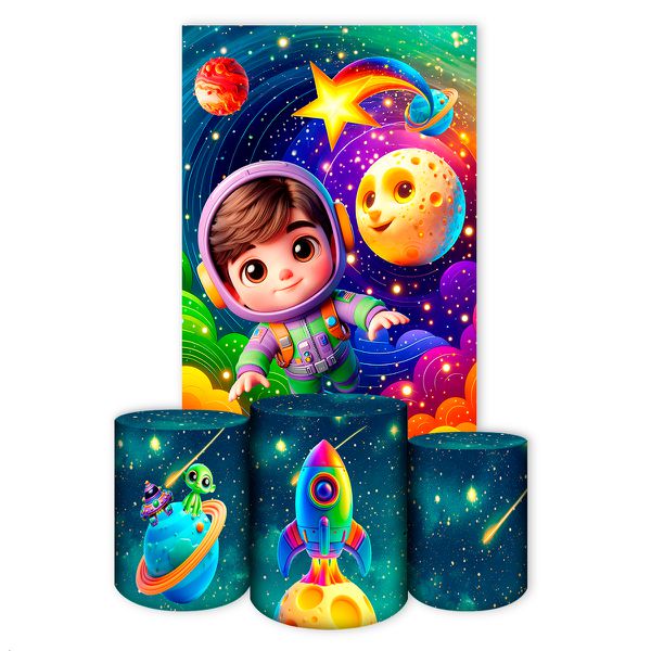 Capa Retangular + Trio Capas Cilindros Sublimados Tema Astronauta Baby Menino Azul 2728