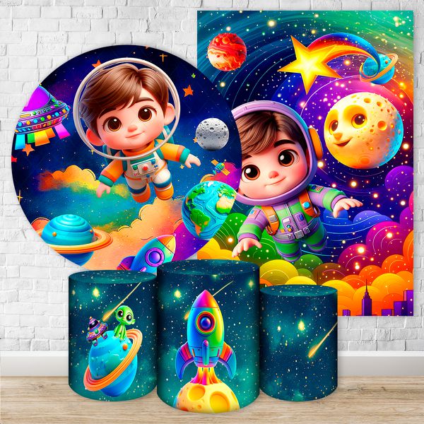 Kit 5 Peças Capa Redonda + Capa Retangular + Trio Capas Cilindros Sublimados Tema Astronauta Baby Menino Azul 2728
