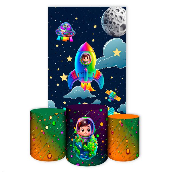 Capa Retangular + Trio Capas Cilindros Sublimados Tema Astronauta Baby Menino Azul 2731