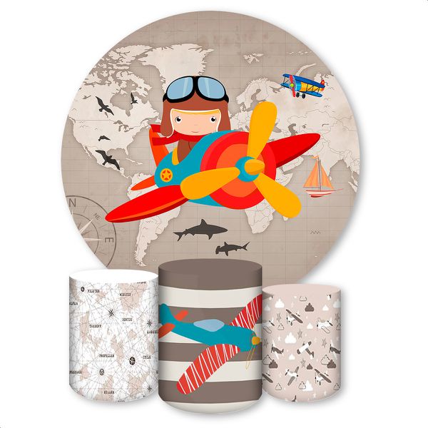 Capa Painel + Trio Capas Cilindros Sublimados Tema Avião e Balão 352