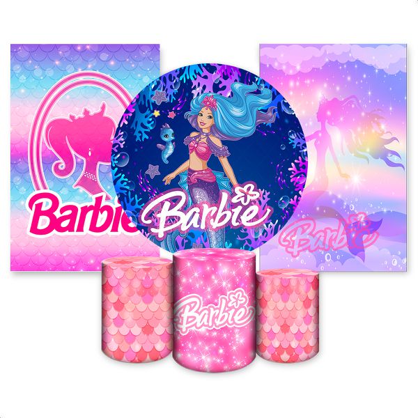 Kit Capa Painel Redondo + 2unid Capa Retangular + Trio Capas Cilindros Tema Barbie 2652