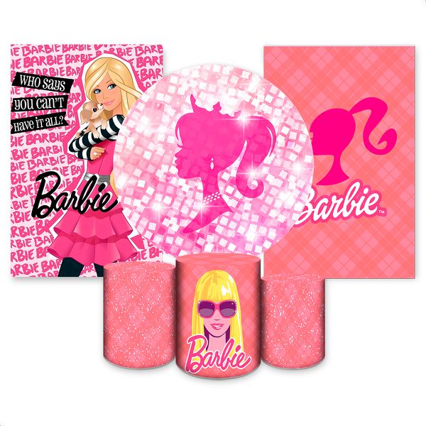 Kit Capa Painel Redondo + 2unid Capa Retangular + Trio Capas Cilindros Tema Barbie 2653