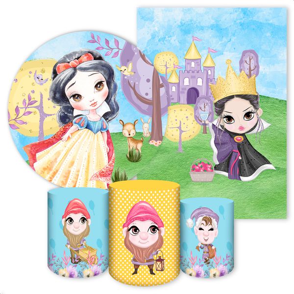 Kit 5 Peças Capa Redonda + Capa Retangular + Trio Capas Cilindros Sublimados Tema Branca de Neve 2164