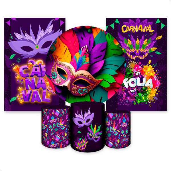 Kit Capa Painel Redondo + 2unid Capa Retangular + Trio Capas Cilindros Tema Carnaval 2579