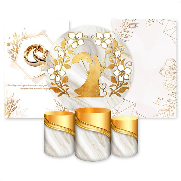 Kit Capa Painel Redondo + 2unid Capa Retangular + Trio Capas Cilindros Tema Casamento/ Noivado 2539