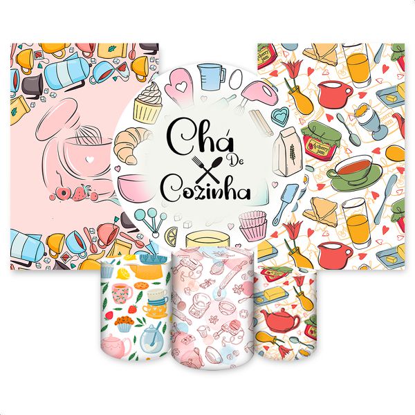 Kit Capa Painel Redondo + 2unid Capa Retangular + Trio Capas Cilindros Tema Chá de Cozinha 2559