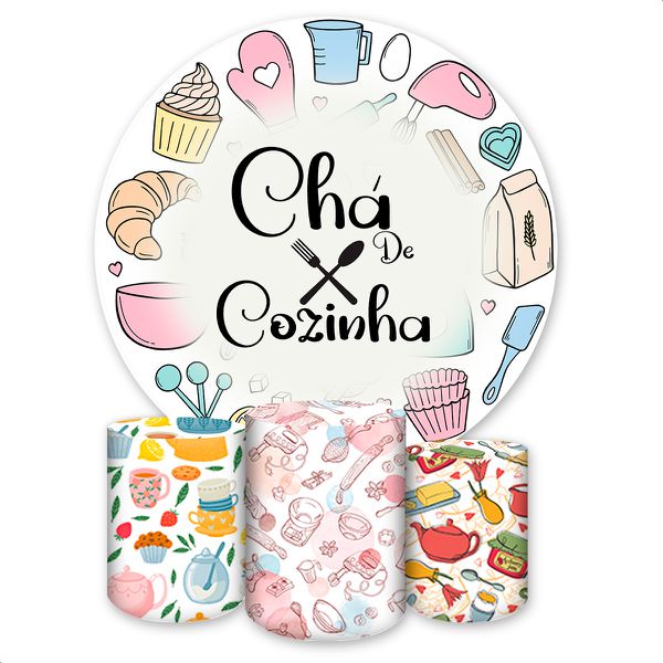 Capa Painel + Trio Capas Cilindros Sublimados Tema Chá de Cozinha 2559