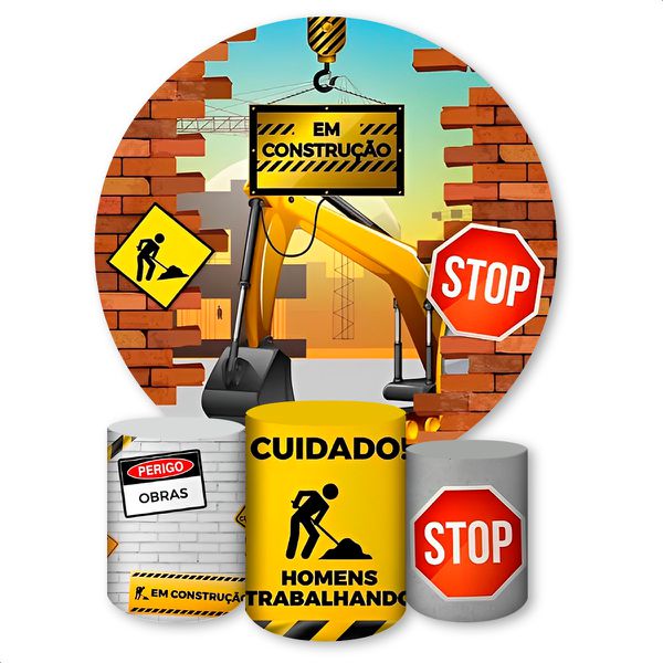 Capa Painel + Trio Capas Cilindros Sublimados Tema Construção 1199