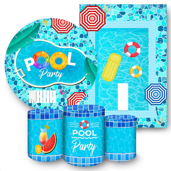 Kit 5 Peças Capa Redonda + Capa Retangular + Trio Capas Cilindros Sublimados Tema Pool Party 286