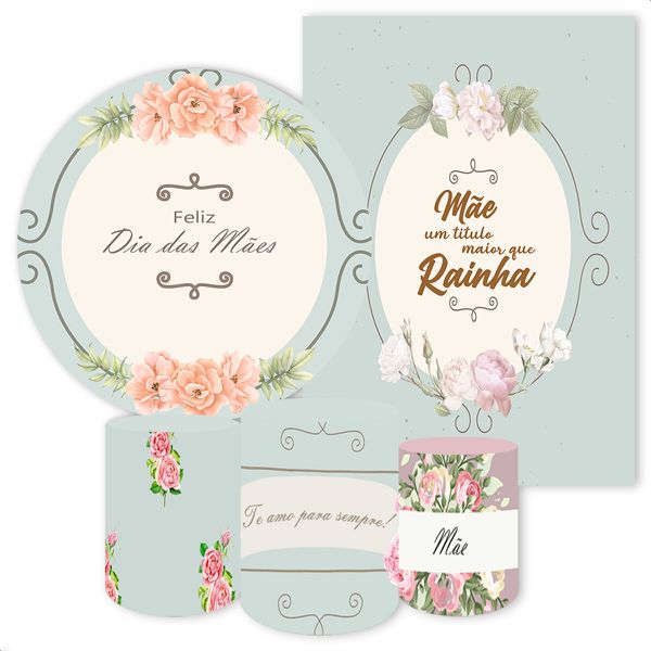 Kit 5 Peças Capa Redonda + Capa Retangular + Trio Capas Cilindros Sublimados Tema Dia das Mães 392