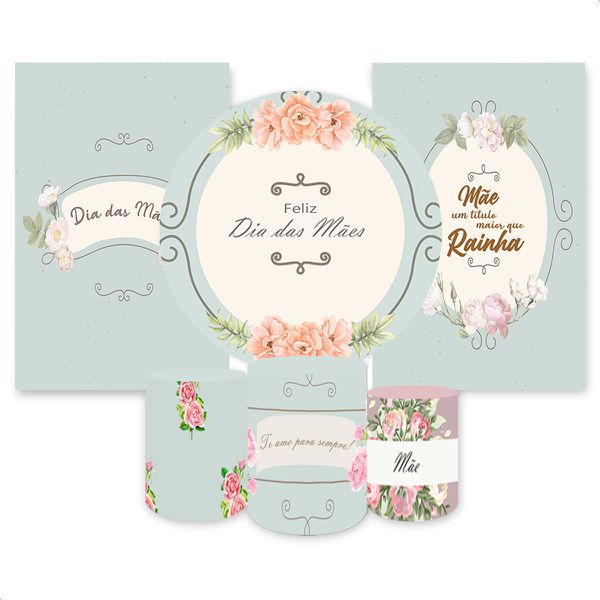 Kit Capa Painel Redondo + 2unid Capa Retangular + Trio Capas Cilindros Tema Dia das Mães 396