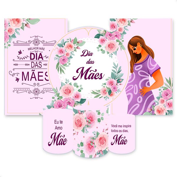 Kit Capa Painel Redondo + 2unid Capa Retangular + Trio Capas Cilindros Tema Dia das Mães 402