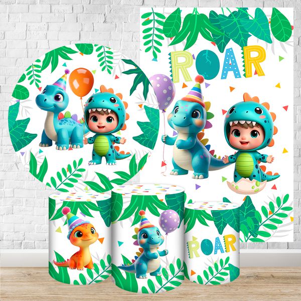 Kit 5 Peças Capa Redonda + Capa Retangular + Trio Capas Cilindros Sublimados Tema Festa Dino Baby 2224