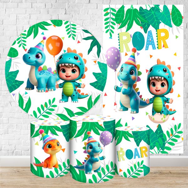 Kit 5 Peças Capa Redonda + Capa Retangular + Trio Capas Cilindros Sublimados Tema Festa Dino Baby 2224