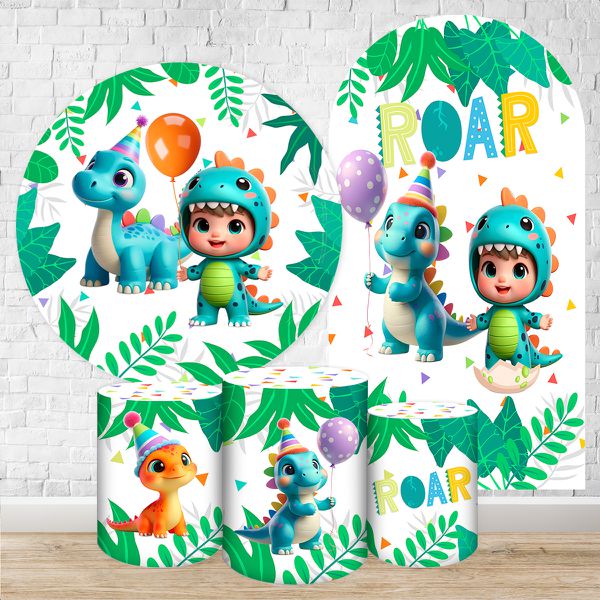 Kit 5 peças Capa Romano Veste Fácil+ Capa Redonda+ Trio Capas Cilindro Sublimados Tema Festa Dino Baby 2224 