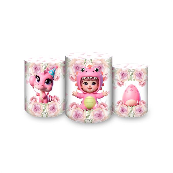 Trio Capas Cilindros Sublimados Tema Festa Dino Baby Menina Rosa 2225