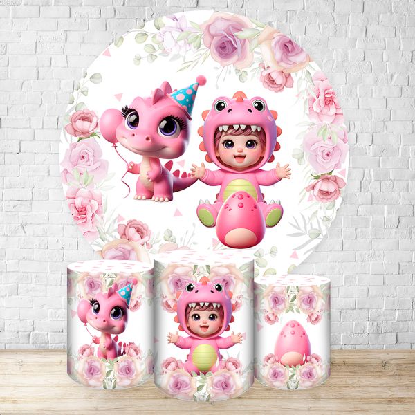 Capa Painel + Trio Capas Cilindros Sublimados Tema Festa Dino Baby Menina Rosa 2225
