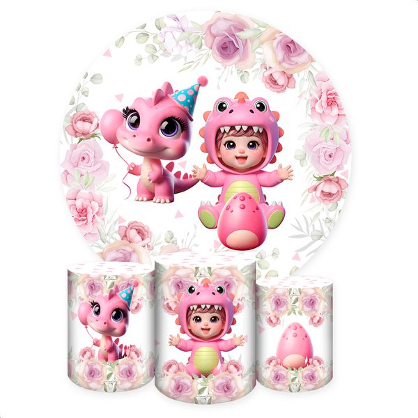 Capa Painel + Trio Capas Cilindros Sublimados Tema Festa Dino Baby Menina Rosa 2225