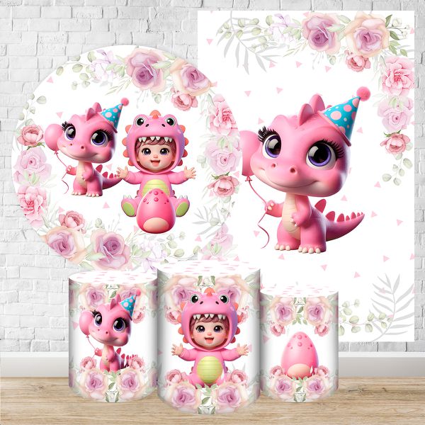 Kit 5 Peças Capa Redonda + Capa Retangular + Trio Capas Cilindros Sublimados Tema Festa Dino Baby Menina Rosa 2225