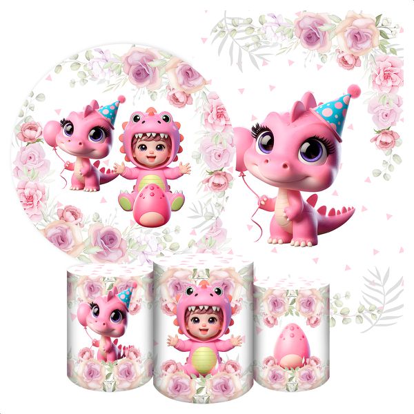 Kit 5 Peças Capa Redonda + Capa Retangular + Trio Capas Cilindros Sublimados Tema Festa Dino Baby Menina Rosa 2225