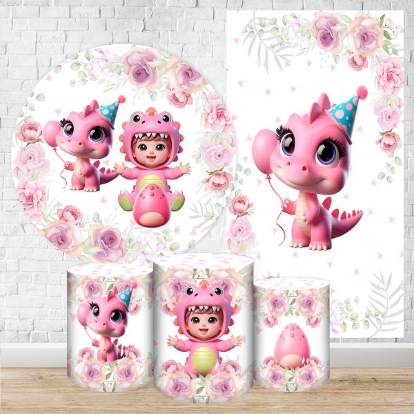 Kit 5 Peças Capa Redonda + Capa Retangular + Trio Capas Cilindros Sublimados Tema Festa Dino Baby Menina Rosa 2225