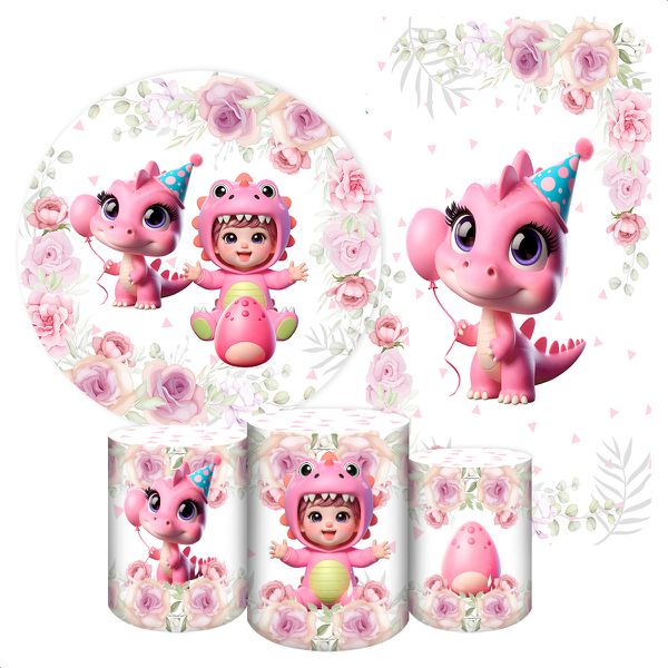 Kit 5 Peças Capa Redonda + Capa Retangular + Trio Capas Cilindros Sublimados Tema Festa Dino Baby Menina Rosa 2225