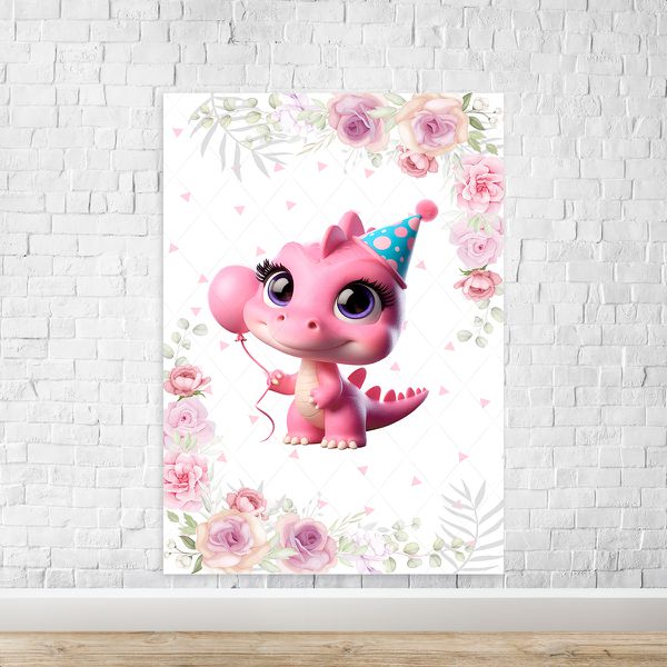 Capa Painel Retangular Sublimado Tema Festa Dino Baby Menina Rosa 2225