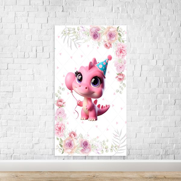 Capa Painel Retangular Sublimado Tema Festa Dino Baby Menina Rosa 2225