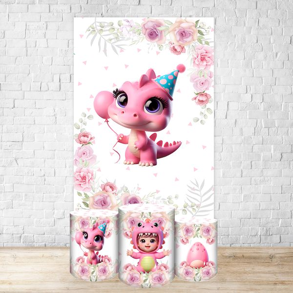 Capa Retangular + Trio Capas Cilindros Sublimados Tema Festa Dino Baby Menina Rosa 2225