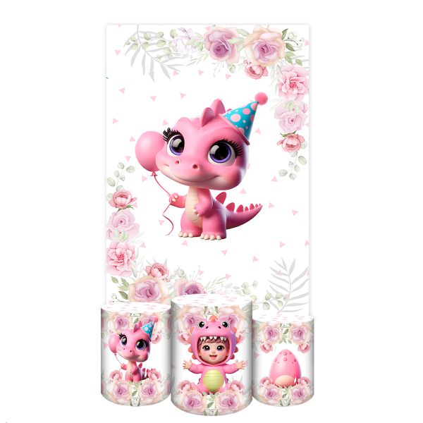 Capa Retangular + Trio Capas Cilindros Sublimados Tema Festa Dino Baby Menina Rosa 2225