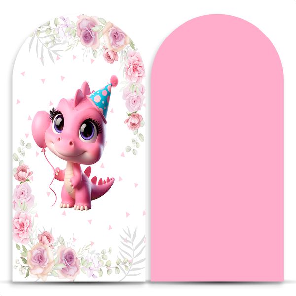 Capa Painel Romano Sublimado Tema Festa Dino Baby Menina Rosa 2225